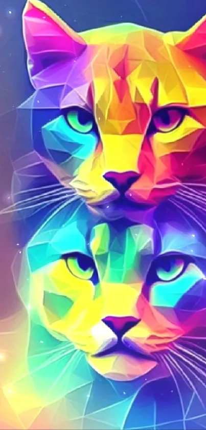 Vibrant geometric cat art in neon colors for mobile wallpaper.