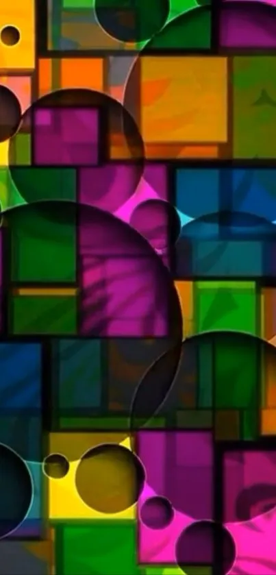 Colorful geometric wallpaper with vibrant circles and rectangles.