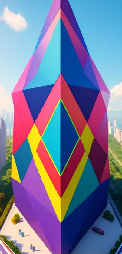 Vibrant geometric skyscraper with colorful cityscape background.