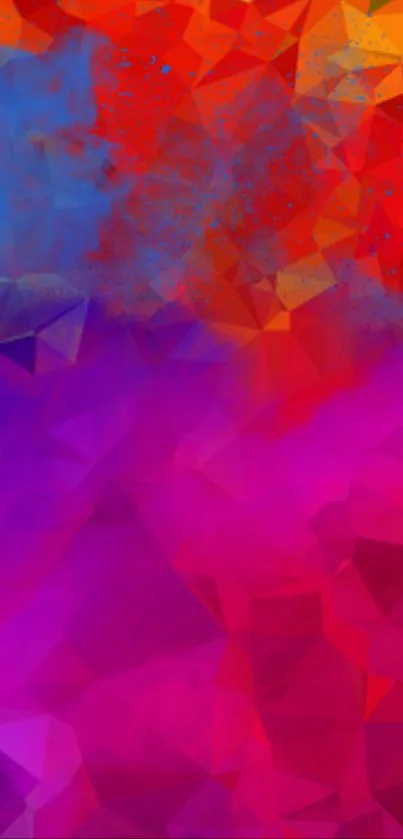 Vibrant geometric wallpaper with pink, orange, and blue hues in polygon shapes.