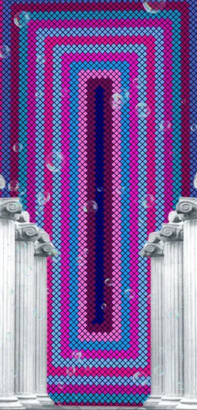 Wallpaper with geometric patterns and white columns.