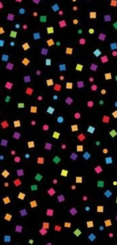 Vibrant geometric wallpaper with colorful confetti on black background.