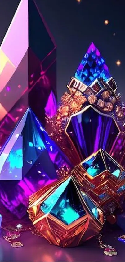 Vibrant geometric crystal art in violet hues with intricate designs.