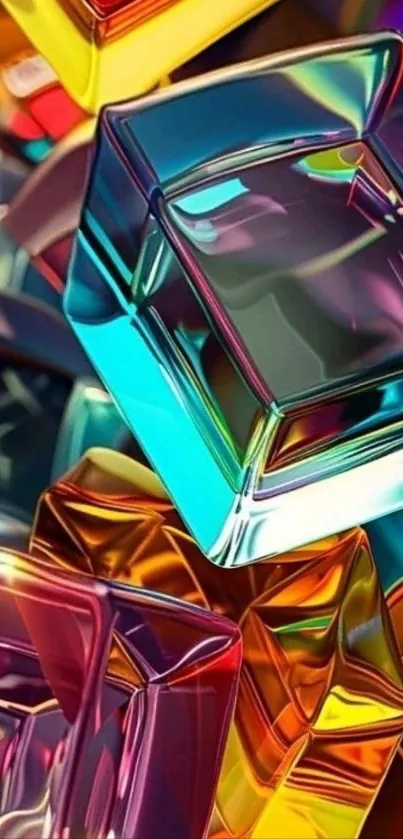 Colorful 3D geometric crystal art wallpaper with prisms and reflections.