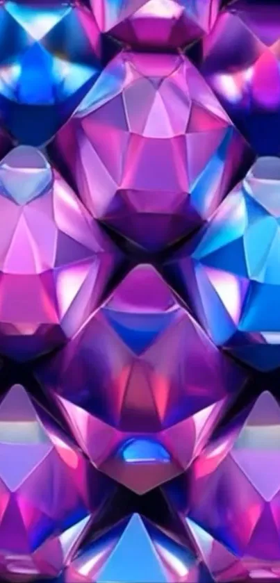 Vibrant geometric crystal pattern wallpaper with purple and blue hues.