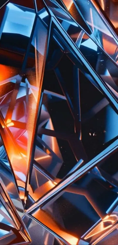 Vibrant geometric crystal art wallpaper with blue and orange hues.