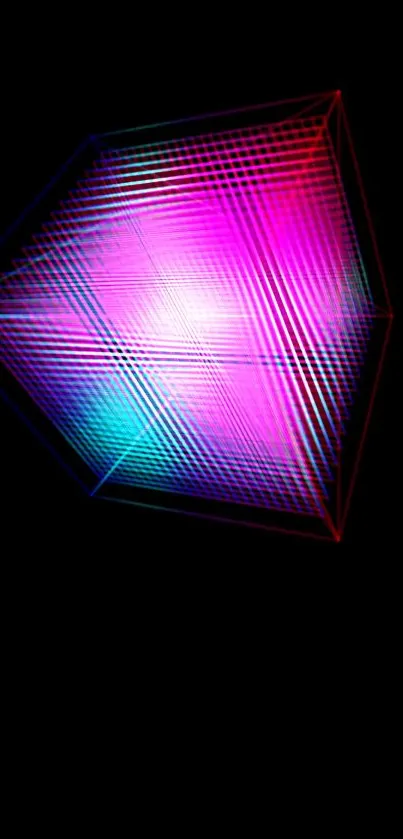 Vibrant geometric cube with neon colors on black background.