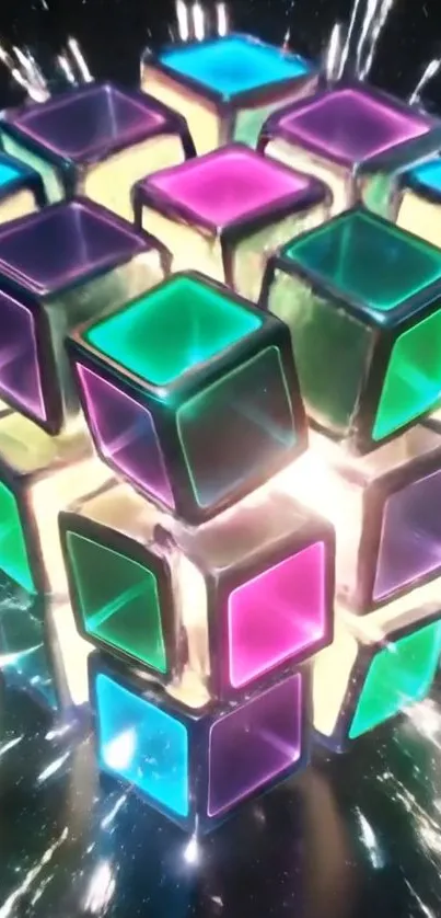 Glowing neon geometric cubes forming an artistic pattern.