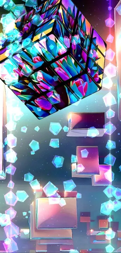 Colorful 3D geometric cube with neon lights and abstract shapes.