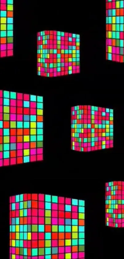 Vibrant geometric cube pattern wallpaper with colorful, glowing squares.