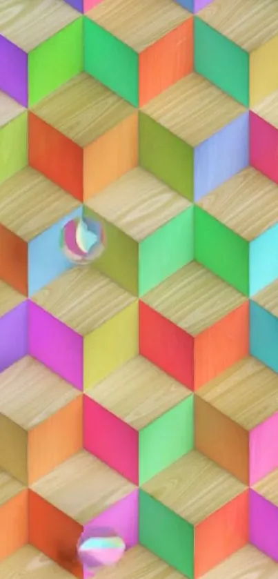 Vibrant 3D geometric cube pattern wallpaper with colorful blocks and wood texture.