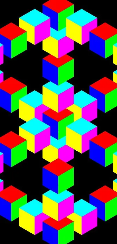 Colorful geometric cube pattern on black background wallpaper.