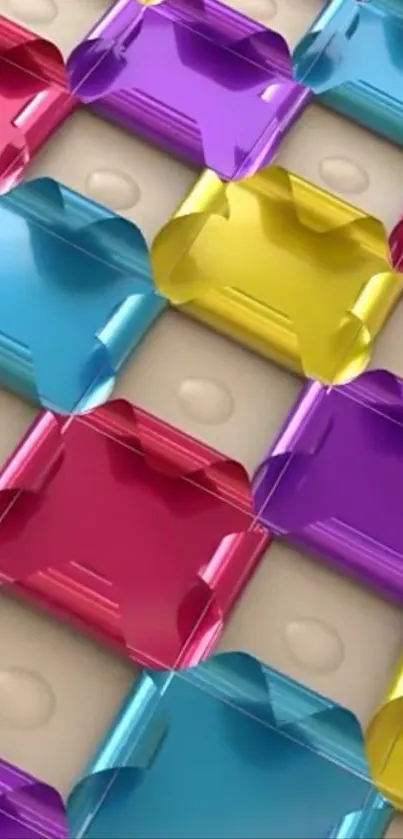 Vibrant geometric 3D shapes in colorful pattern.