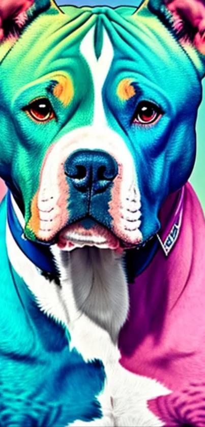 Colorful geometric dog art wallpaper with vibrant hues.