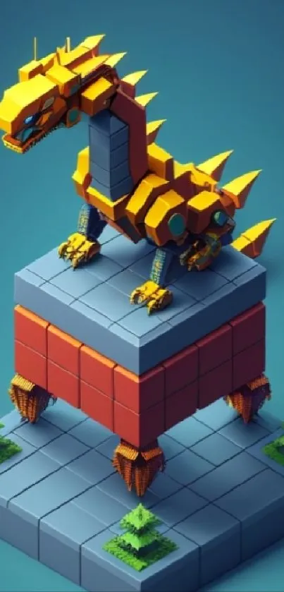 Geometric dragon art in orange and blue hues on a platform.