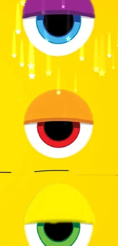 Bright yellow wallpaper with colorful geometric eyes.