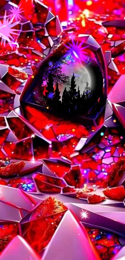 Vibrant red and purple geometric fantasy wallpaper with abstract design.