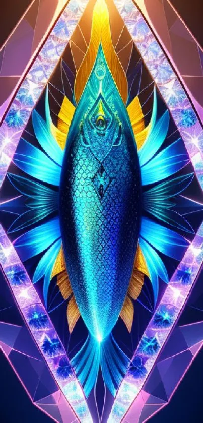 Neon geometric fish wallpaper in vibrant blues and purples with abstract design.