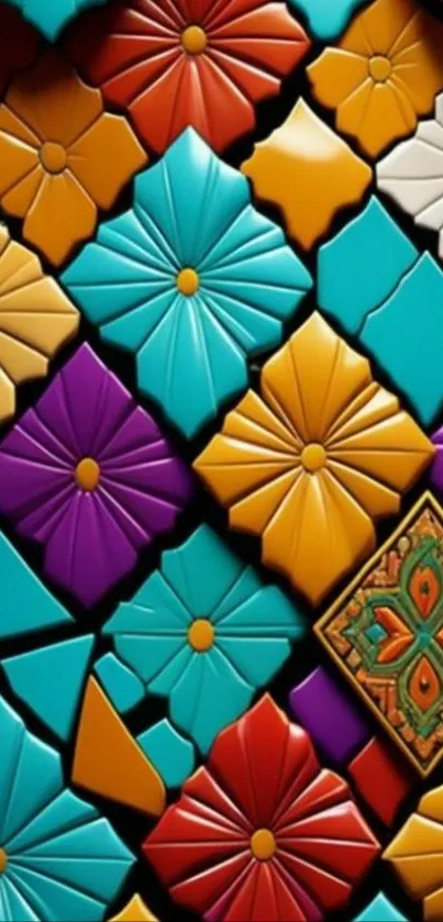Colorful geometric floral pattern wallpaper.