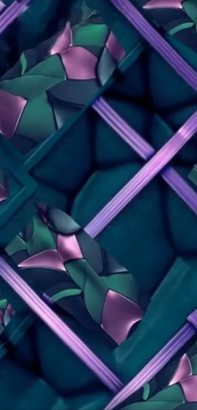 Geometric floral wallpaper with purple and green hues.