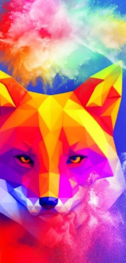 Colorful geometric fox design with vibrant abstract background.