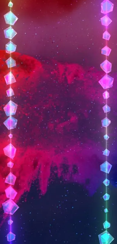 Vibrant geometric wallpaper with luminous crystals on galaxy backdrop.