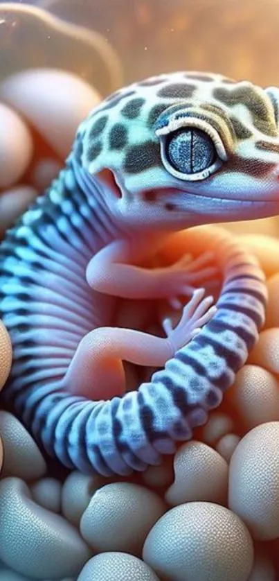 A vibrant gecko with geometric patterns on a light blue background.