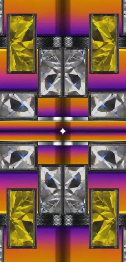 Vibrant geometric pattern with gemstones on mobile wallpaper.