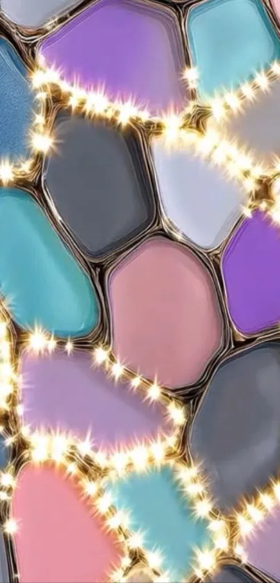 Geometric wallpaper with vibrant pastel colors and glittering accents.