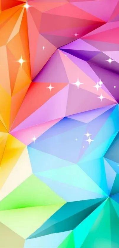 Vibrant geometric rainbow gradient wallpaper with starry accents.