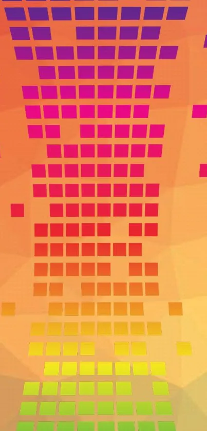 Vibrant geometric gradient wallpaper with colorful squares on an orange background.