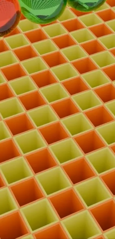Vivid geometric grid with 3D cubes in orange and green hues.