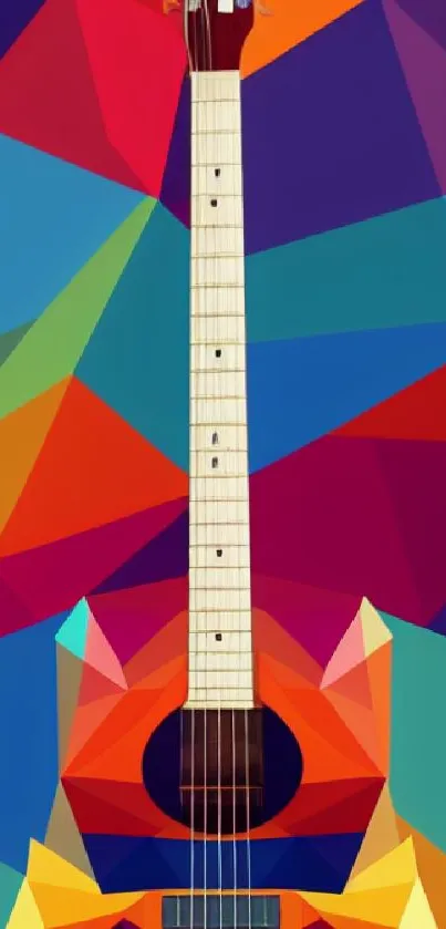 Vibrant geometric guitar artwork with colorful polygons.