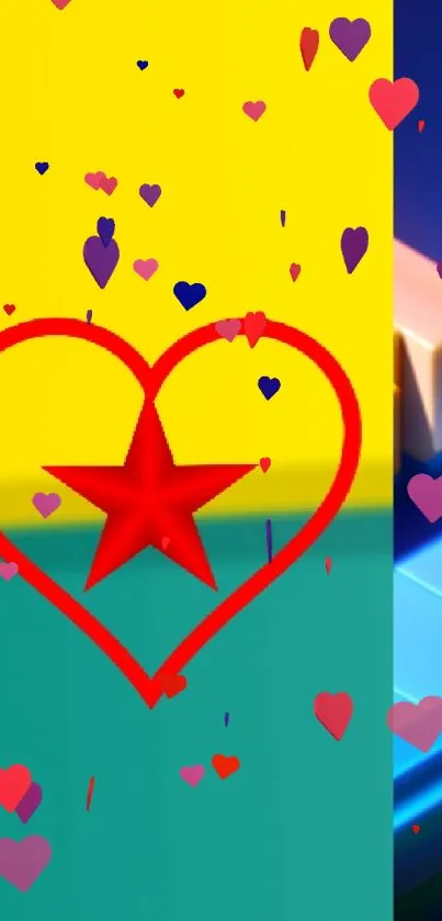 Colorful geometric wallpaper with heart and star design.