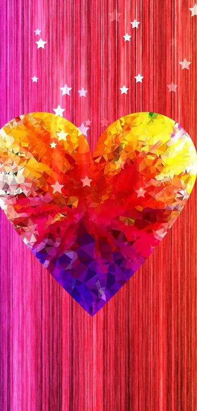 Vibrant geometric heart with stars on colorful background.