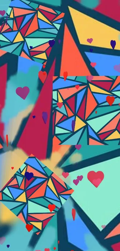 Vibrant geometric shapes with red hearts pattern.
