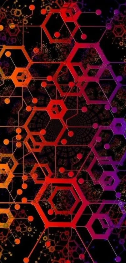 Colorful hexagon geometric wallpaper with red and orange hues.