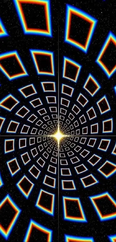 Psychedelic geometric pattern with colorful diamond shapes.