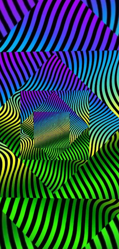 Colorful geometric pattern wallpaper with vibrant stripes and optical illusion design.