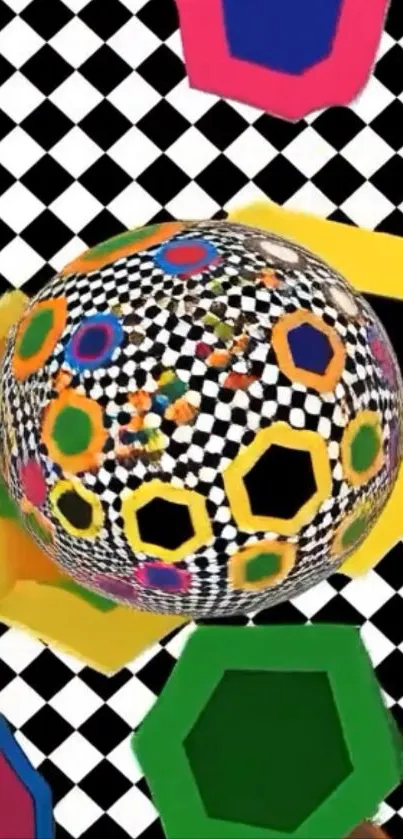 Colorful geometric illusion wallpaper with 3D shapes and checkered background.