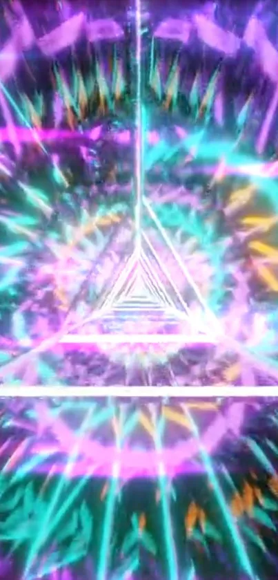 Colorful neon kaleidoscope with geometric triangles.