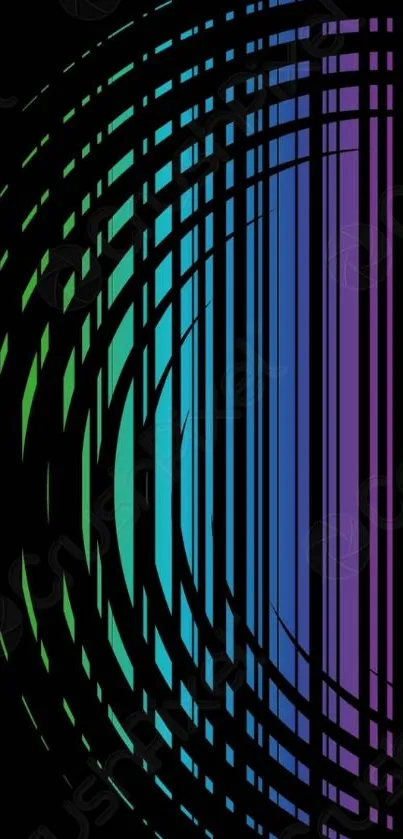 Vibrant geometric lines with gradient hues on black background.