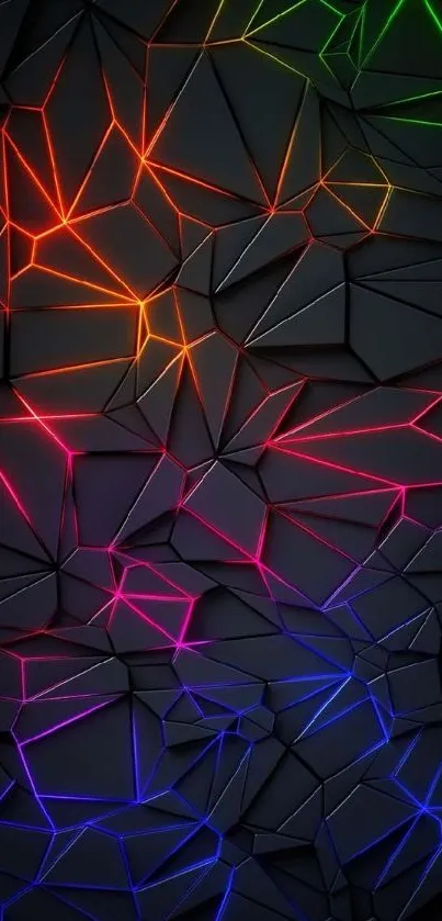 Geometric wallpaper with colorful neon lines on black.