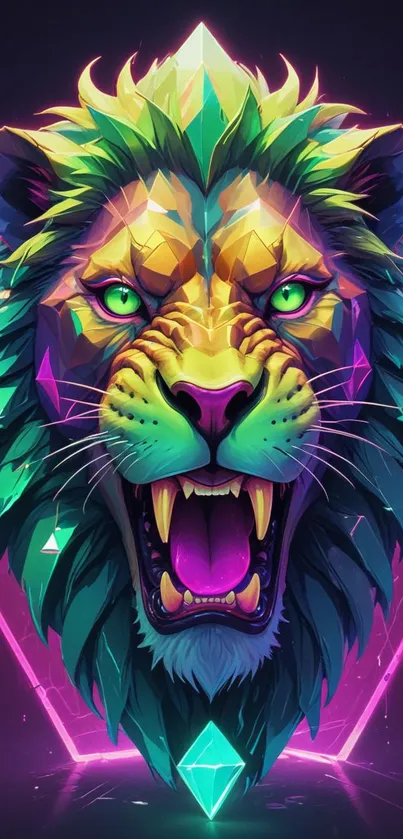 Vibrant geometric lion art wallpaper with neon colors.