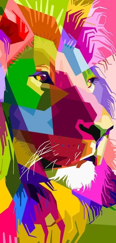 Colorful geometric lion wallpaper in vibrant abstract design.