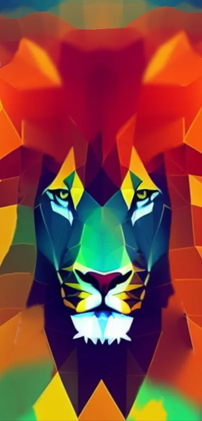 Vibrantly colored geometric lion art wallpaper.