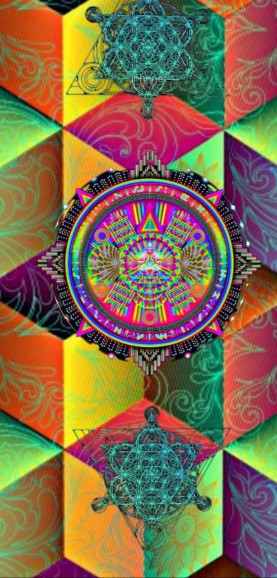 Vibrant geometric mandala with intricate patterns in bold colors.