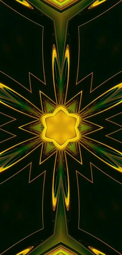 Vibrant geometric mandala with dark green and yellow star pattern for mobile wallpaper.