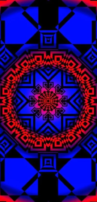 Geometric mandala wallpaper with vibrant red and blue colors.