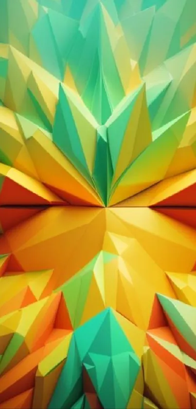 Vibrant 3D geometric design in orange, teal, and green hues.